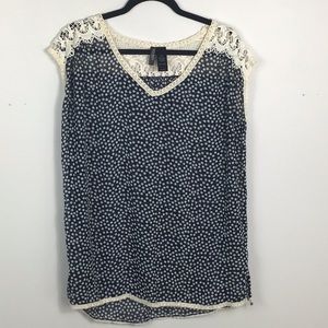 Bisou Bisou sheer Navy blue polka dot with crochet detail shirt Large boho